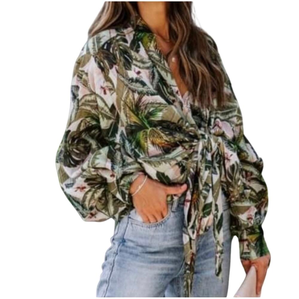Z&L x Vici Stay Palm Convertible Palm Leaf Kimono Blouse OS